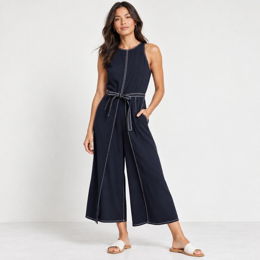 Joie Mairead Jumpsuit 8 Navy Blue Contrast Stitch Sleeveless Wide Leg Tie Waist